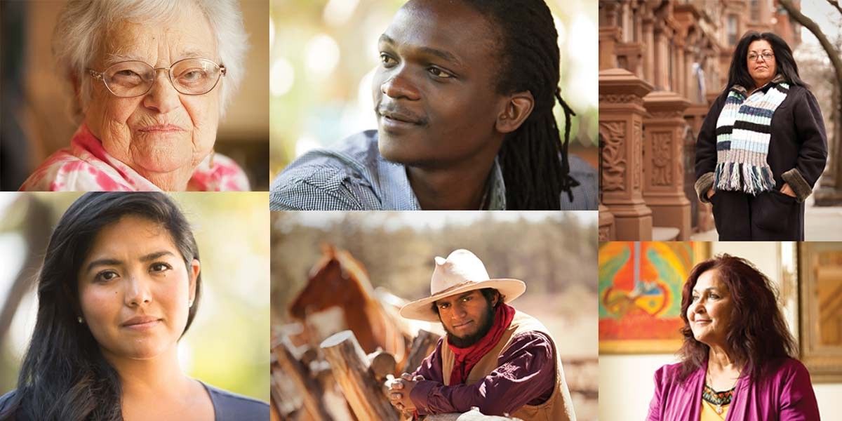 Collage of five diverse individuals in different settings, including outdoor and indoor portraits.