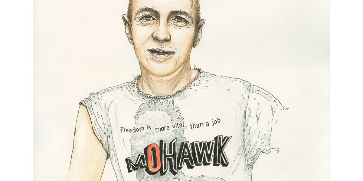 Illustration of a person wearing a torn shirt with the text 'Freedom is more vital than a job MOHAWK'.