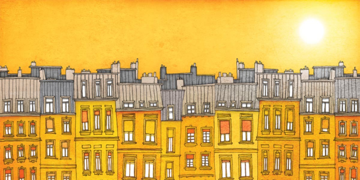 Illustration of yellow and orange buildings with grey roofs under a bright yellow sky with the sun.