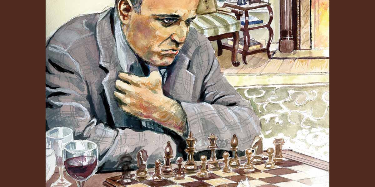 Watercolor painting of a man in a suit intently studying a chessboard in a cozy room.