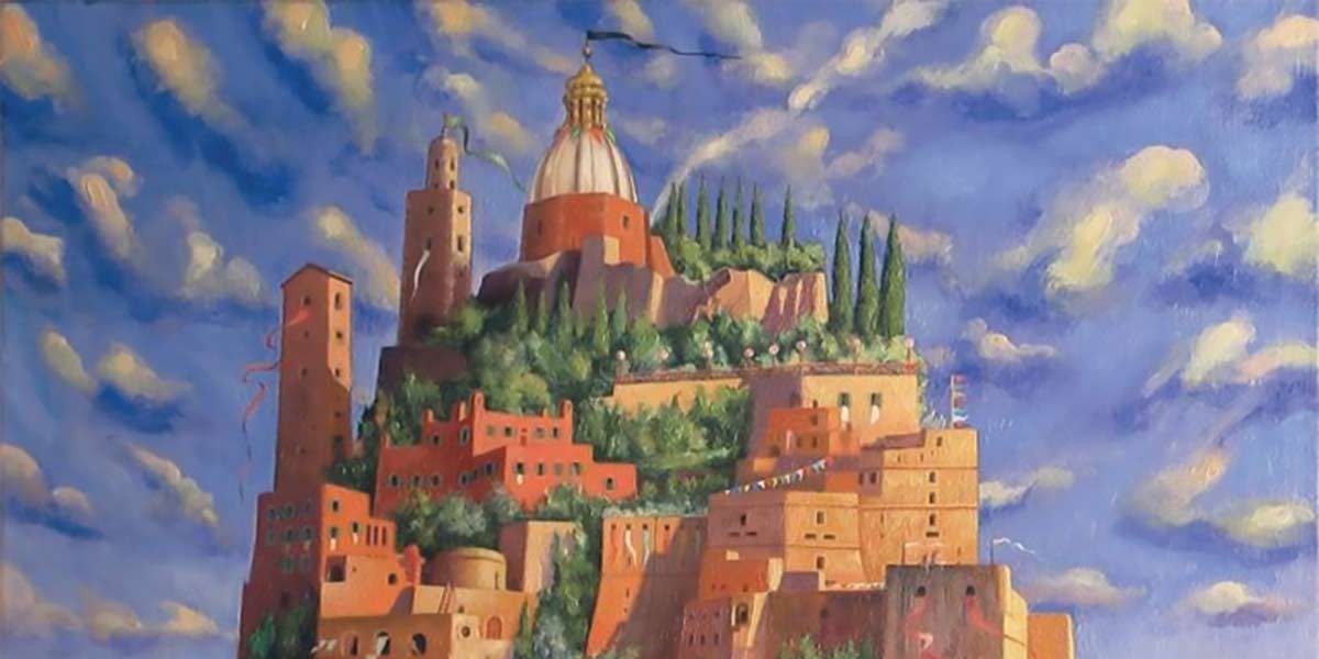 Painting of a hilltop town with terracotta buildings, greenery, and a domed white tower under a blue sky.