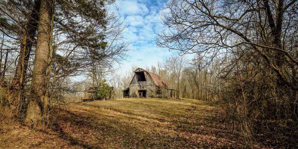 Old wooden barn on a grassy clearing surrounded by leafless trees under a cloudy blue sky.