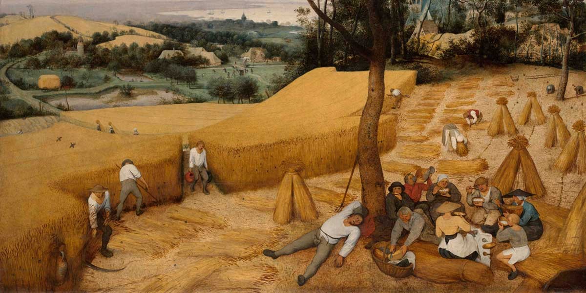 Painting of farmers harvesting wheat and resting under a tree in a rural field with haystacks.