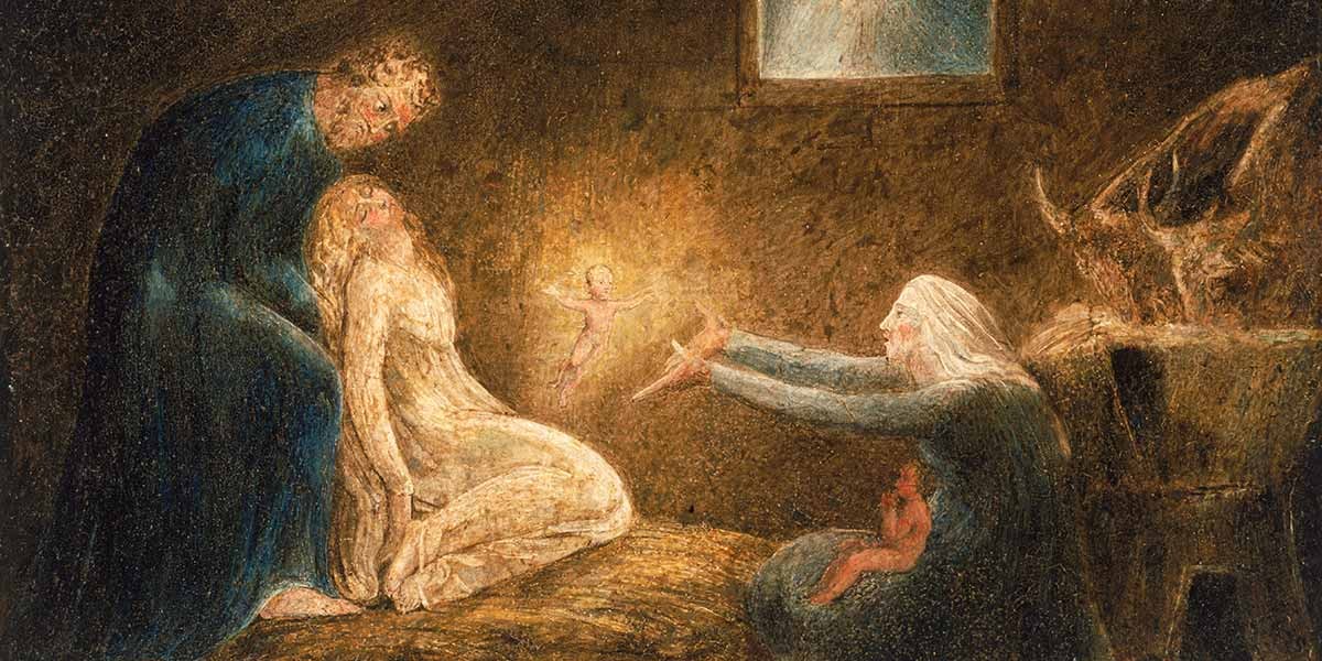 Painting of three adults and two glowing infant figures in a dimly lit interior with a small window.
