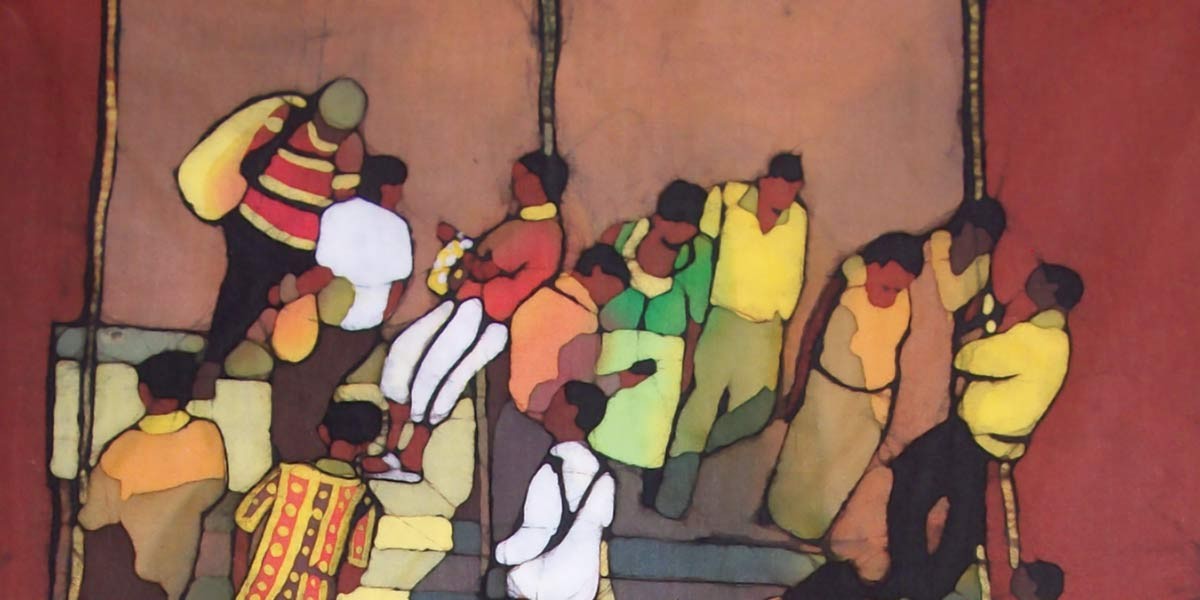 Colorful artistic rendering of a group of people gathered, wearing varied bright clothing against a warm background.
