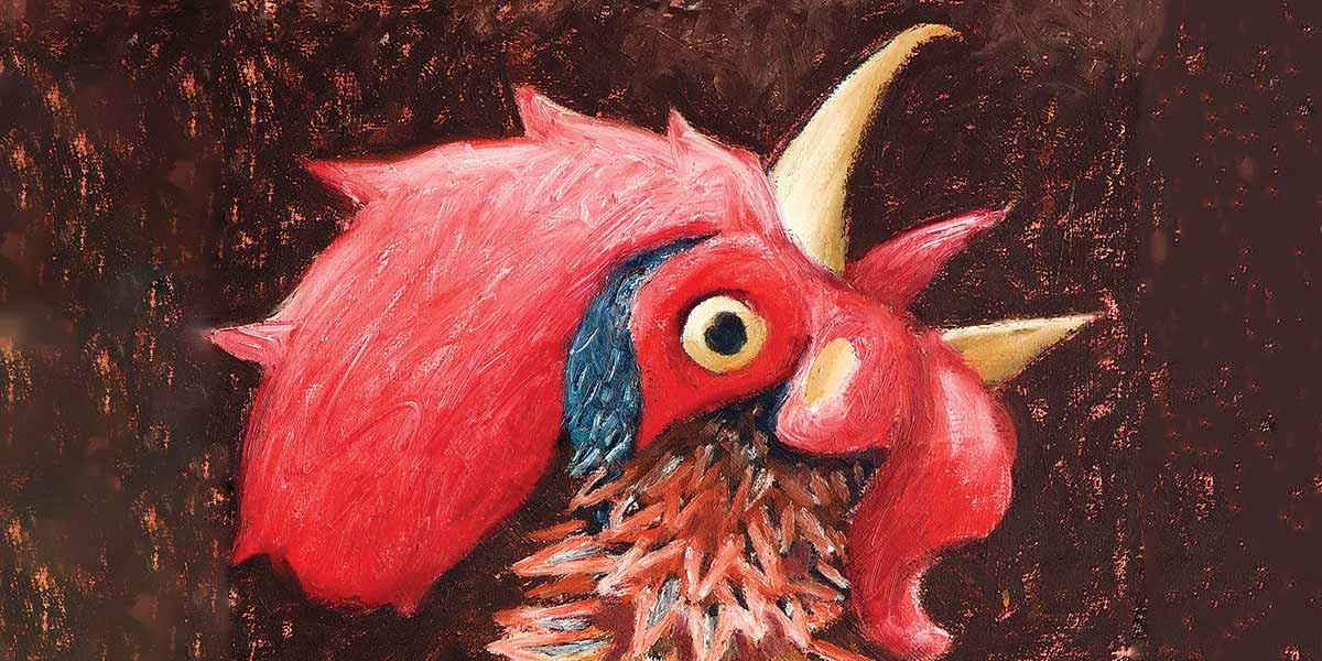 Close-up painting of a red rooster head with prominent yellow comb and dark textured background.