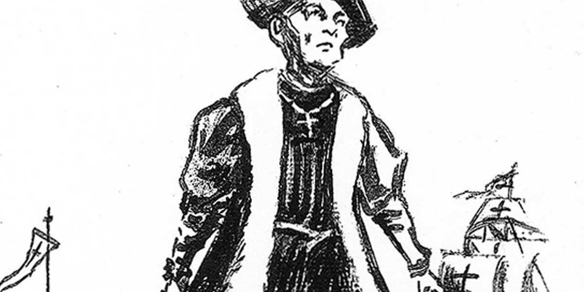 Black and white drawing of a man in period clothing with a fur-trimmed coat and hat, holding ship models.