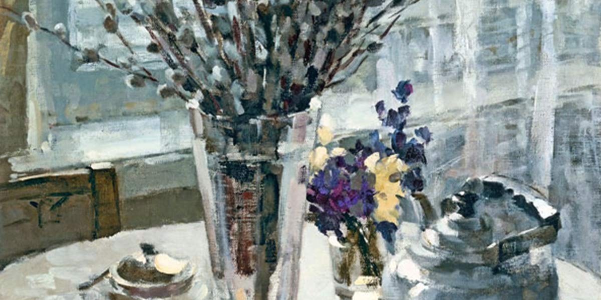 Painting of a table with a vase of pussy willows, a small bouquet of purple and yellow flowers, and a silver teapot.