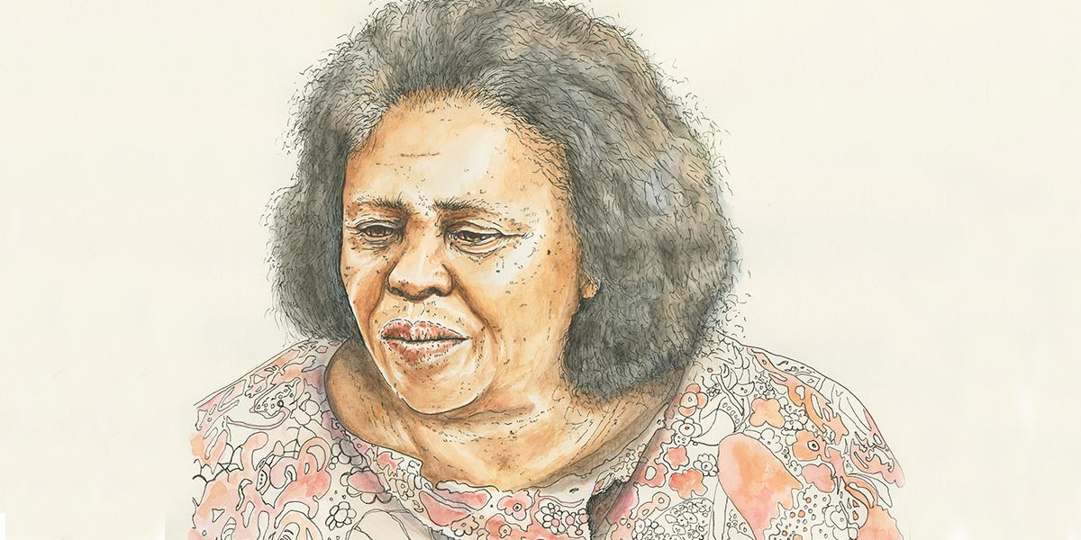 Watercolor portrait of an older woman with curly hair wearing a floral patterned blouse.