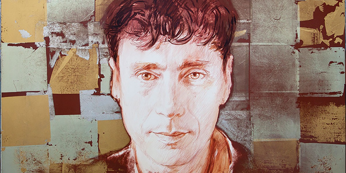 Artistic portrait of a man with wavy hair against a textured background of gold and silver squares.