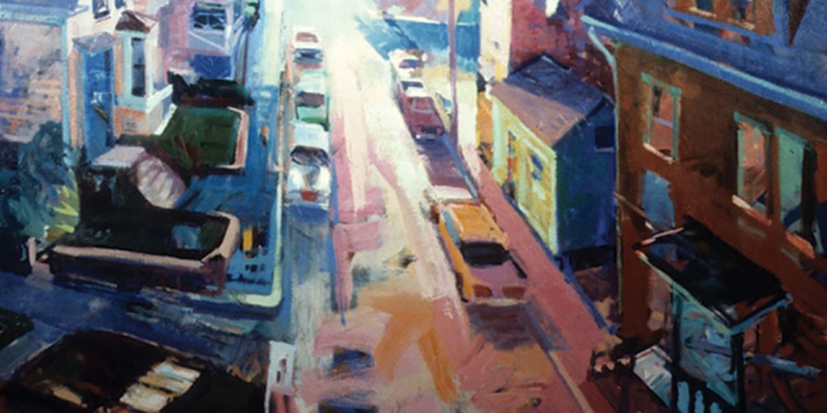 Impressionist painting of a sunlit street with parked cars and buildings on both sides.