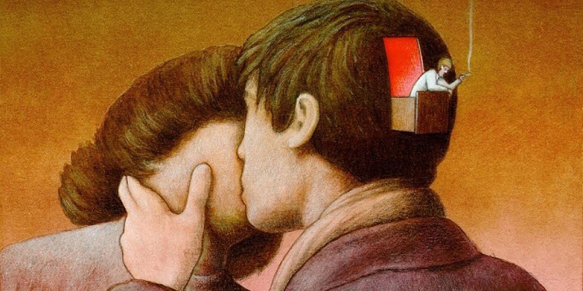 Man kissing woman with a small smoking figure sitting inside a red chair in his open head.