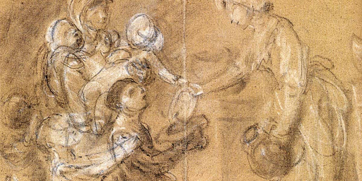 Sketch of a group of people receiving food or items from a standing person holding a container.