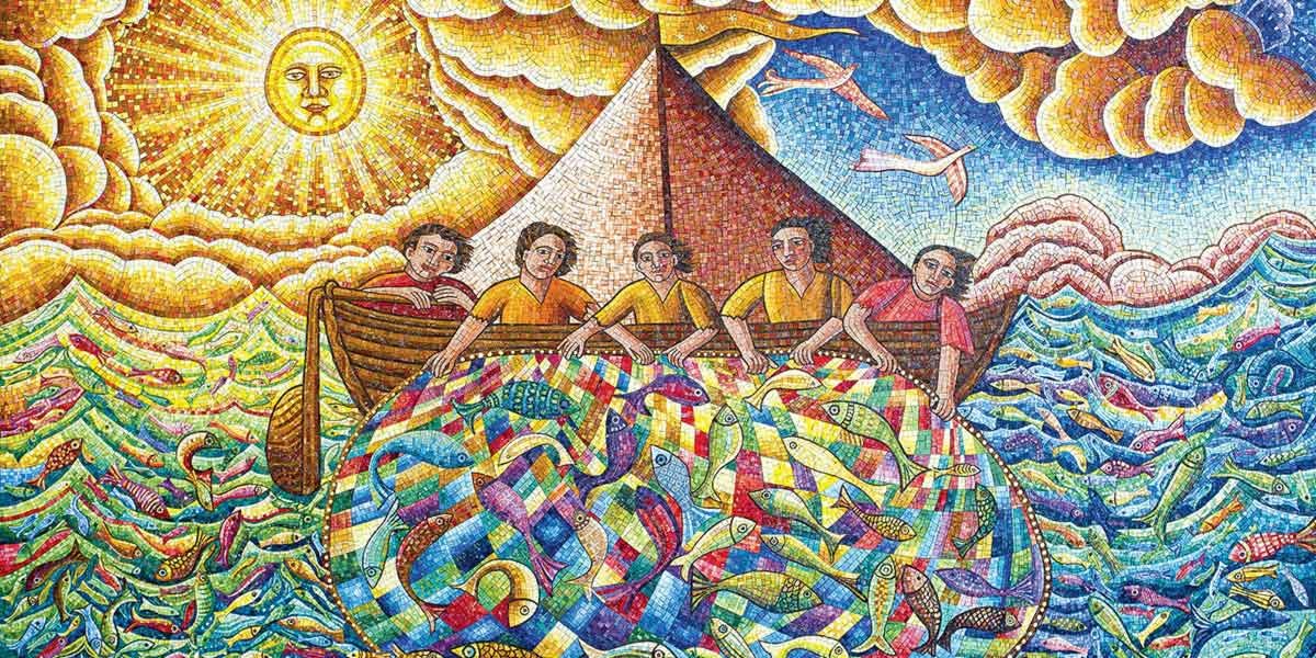 Mosaic art of five people on a boat pulling a colorful net full of fish under a bright sun.