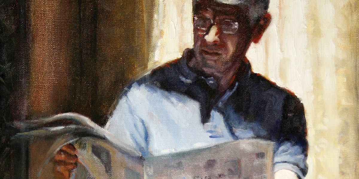 Painting of a man wearing glasses and a hat, reading a newspaper indoors with light behind him.