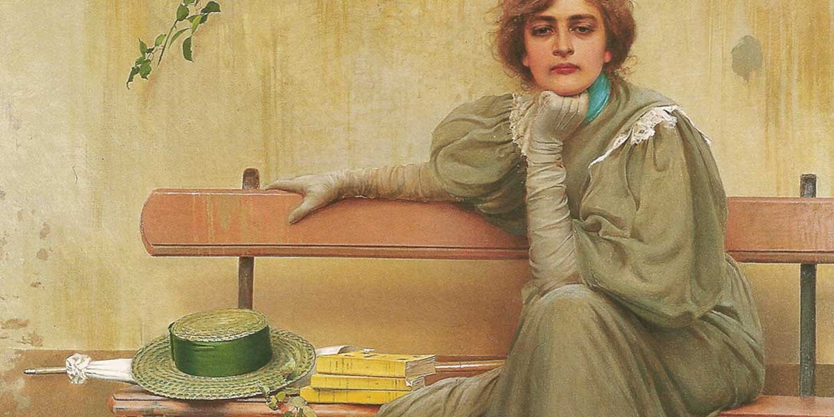 A woman in vintage green dress sits on a wooden bench with a green hat, umbrella, and books beside her.
