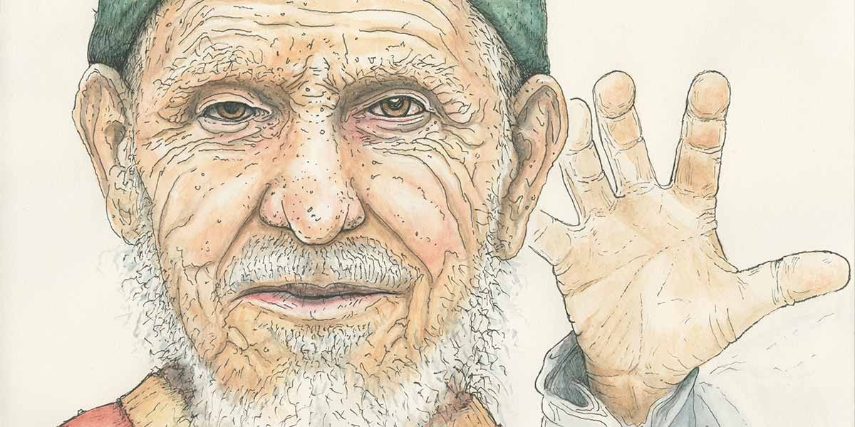 Watercolor portrait of an elderly man with a green hat raising his hand in greeting.