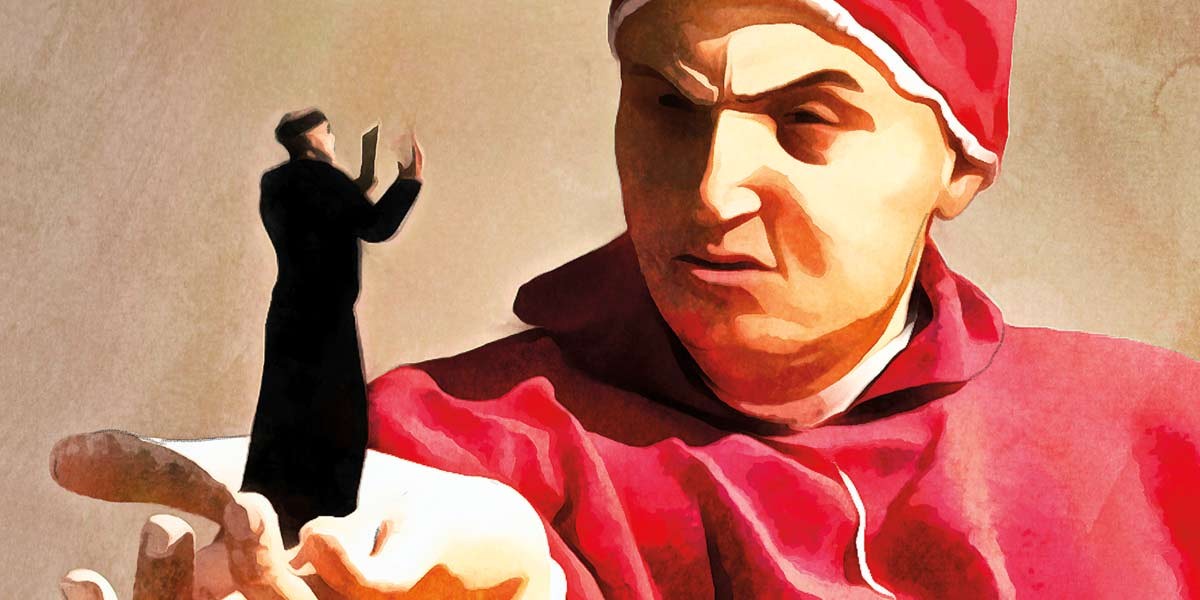 Man in red robe holding a tiny person in black reading a book on his hand with a skeptical expression.