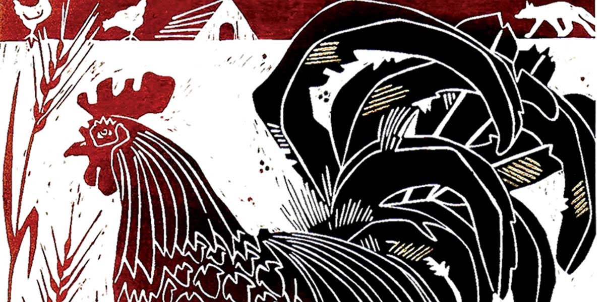 Black rooster illustration with detailed feathers standing among wheat stalks and birds in background.