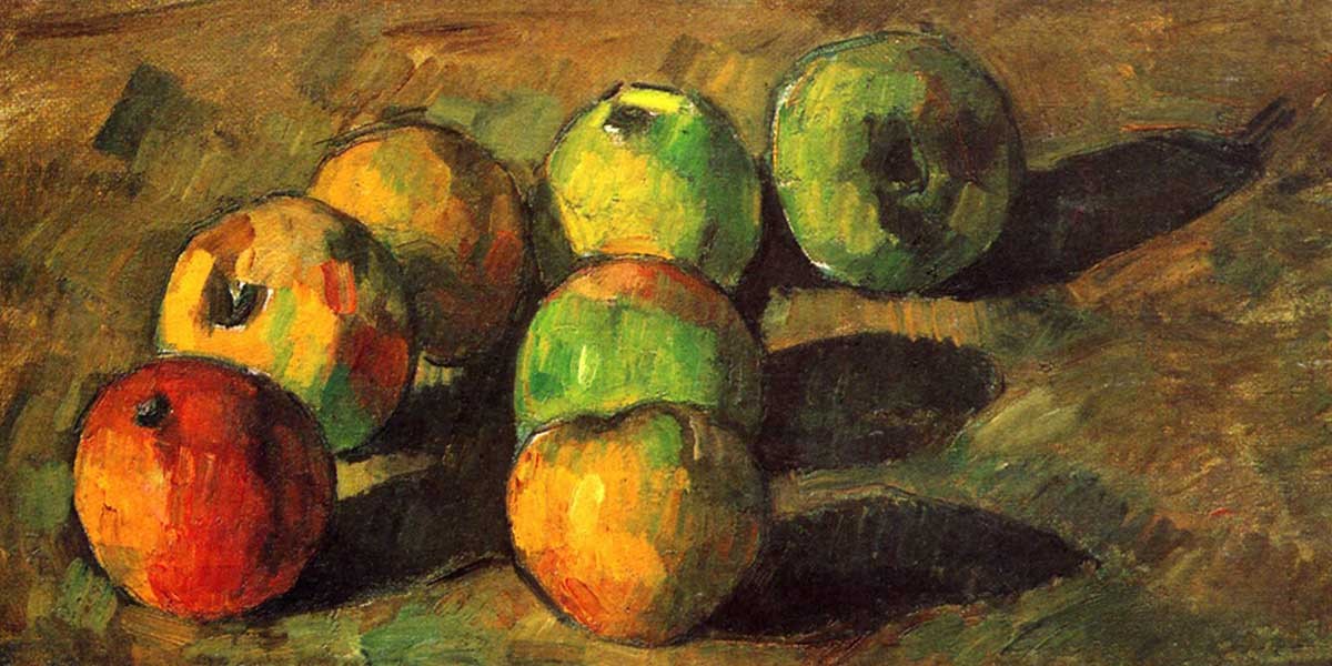 Still life painting of seven apples with green and red hues casting shadows on a textured surface.