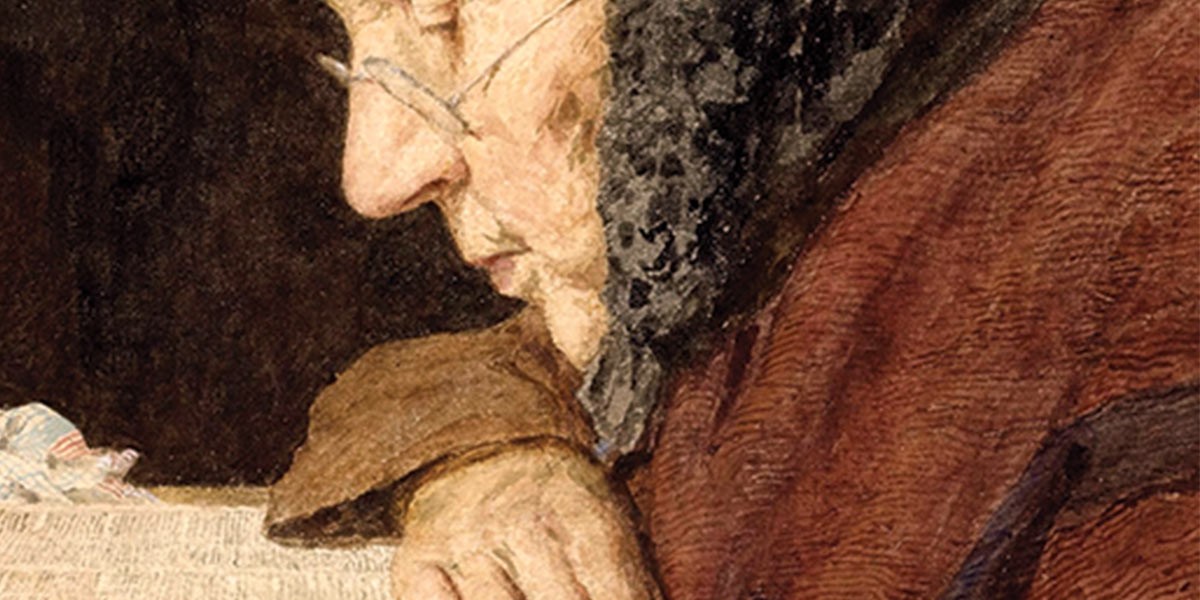 Profile of an elderly woman wearing glasses and a bonnet, intently reading a newspaper or book.