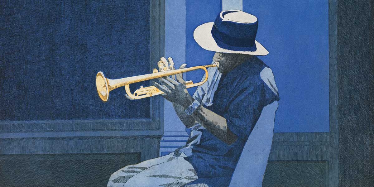 Illustration of a person in a hat playing a trumpet against a blue background.