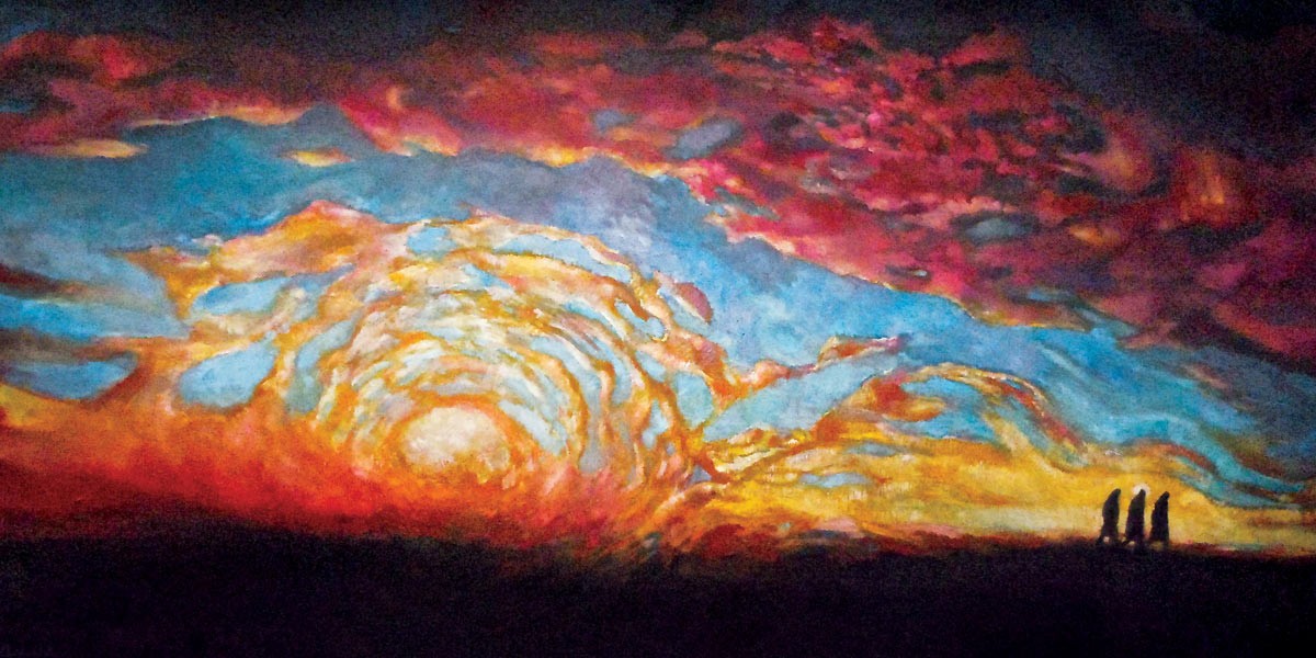 Vivid sunset sky with swirling clouds and three silhouetted figures on horizon.
