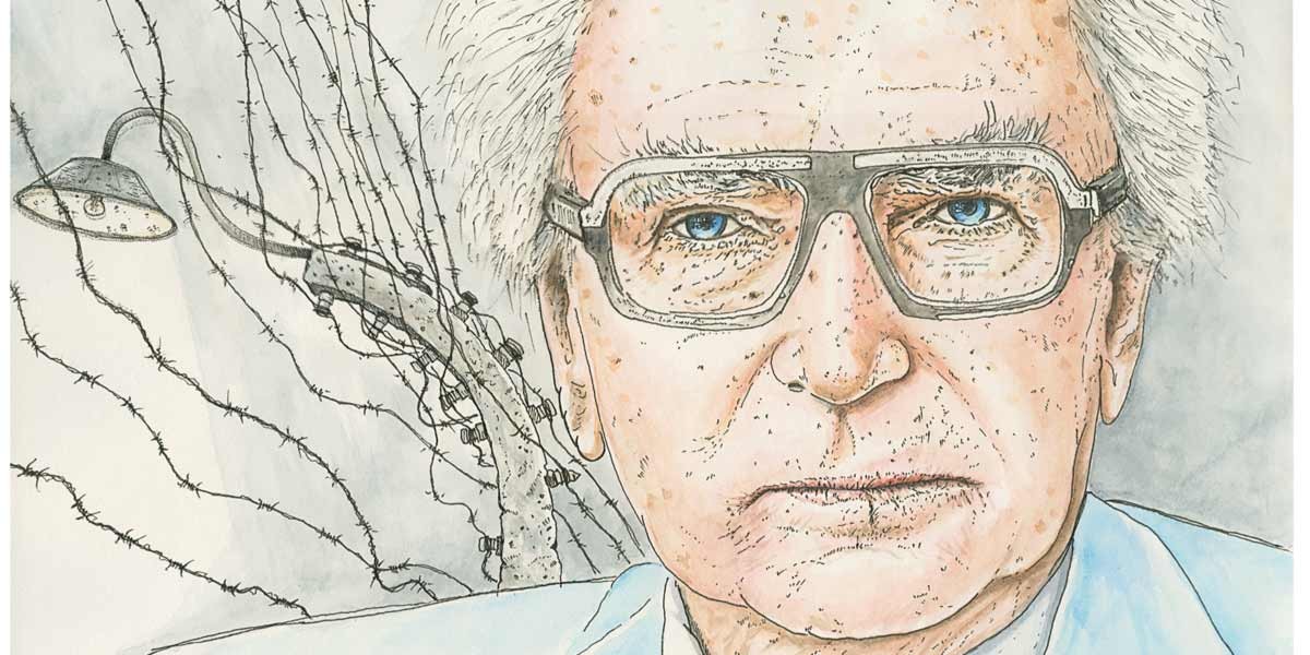 Illustration of an elderly man with blue eyes and glasses, barbed wire and lamps in the background.
