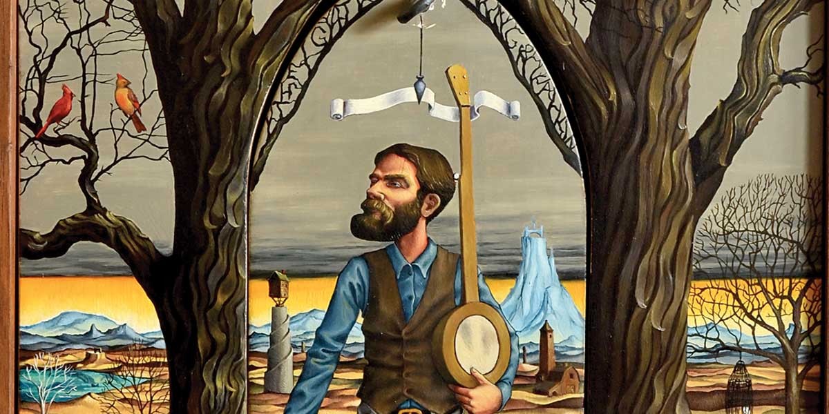 Surreal painting of a bearded man holding a banjo between two large trees with a mountainous landscape.