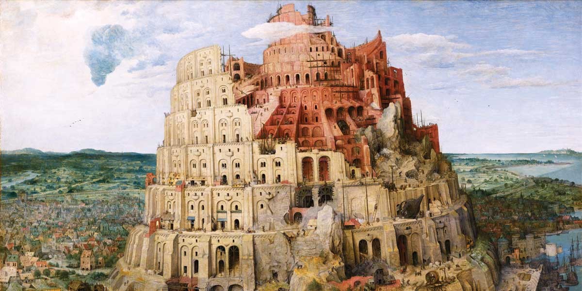 Painting of the Tower of Babel, a large multi-level structure under construction with detailed arches and scaffolding.