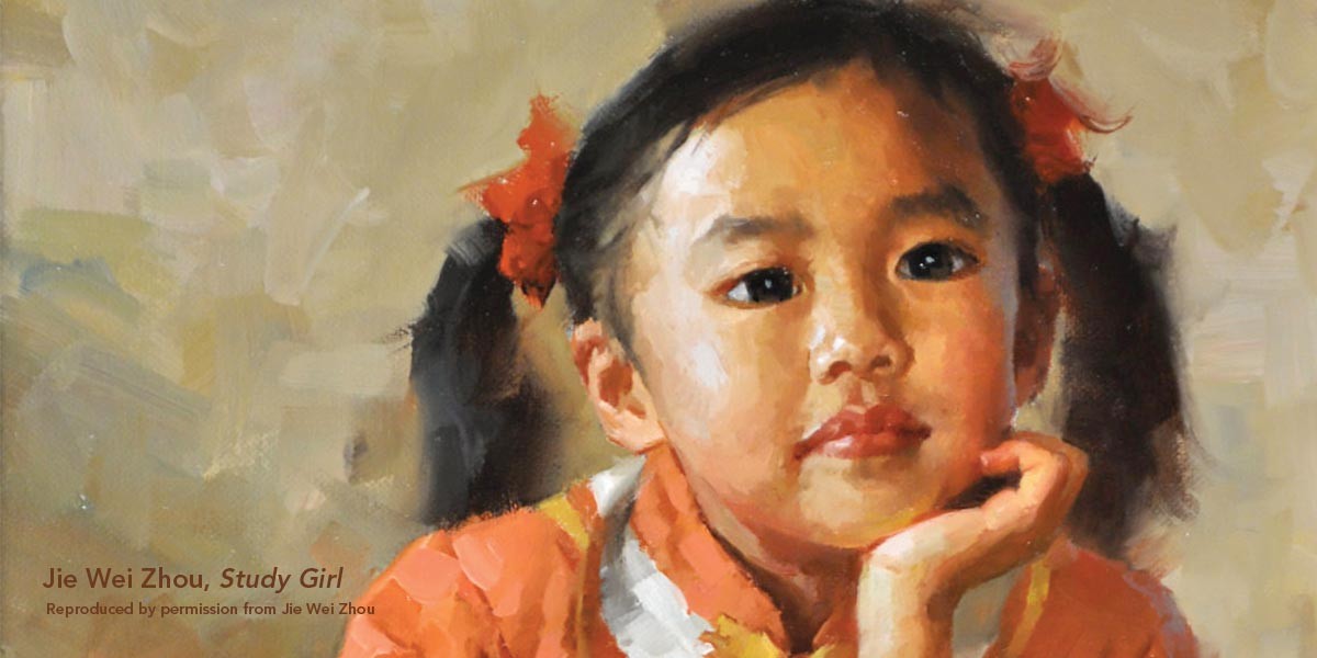 Painting of a young girl with pigtails and red bows resting her chin on her hand, wearing an orange outfit.