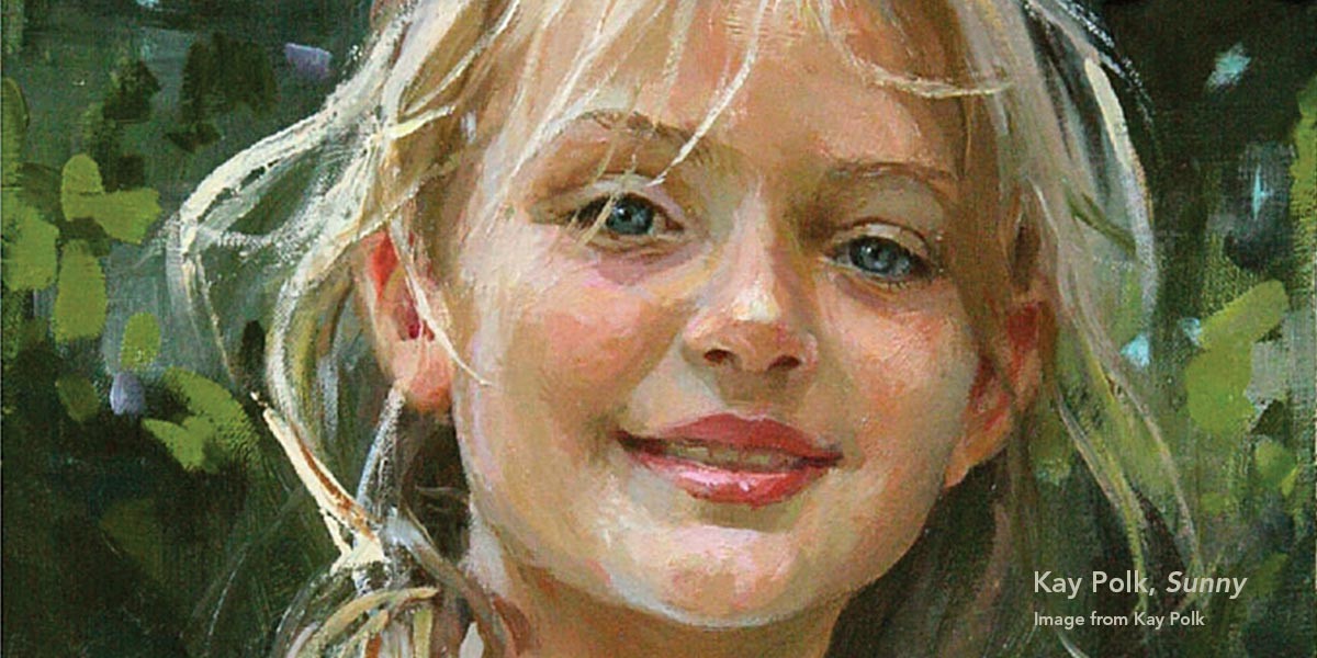 Painting of a smiling young blonde girl with blue eyes against a green, leafy background.