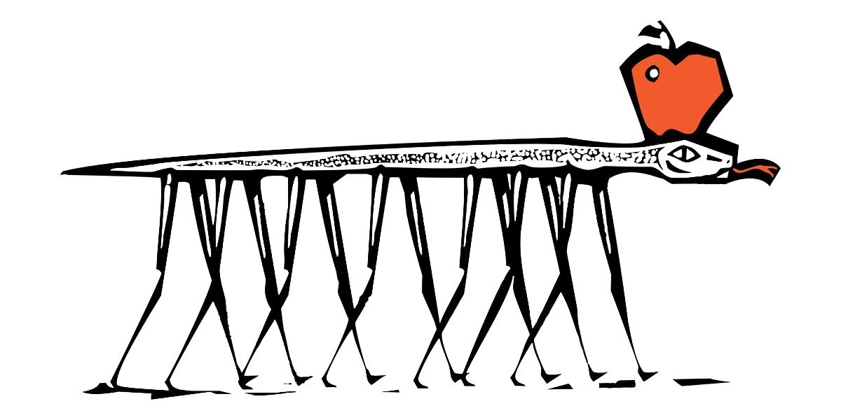Stylized black and white snake with multiple stick legs and an orange apple on its head.