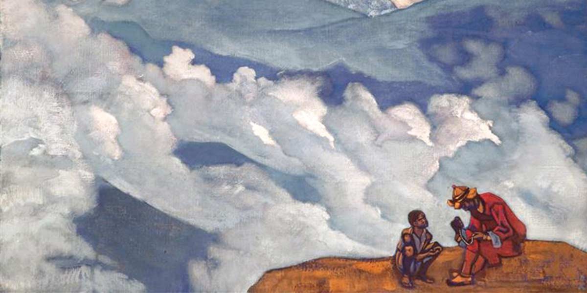 Painting of two people sitting on a cliff edge with expansive clouds in the background.