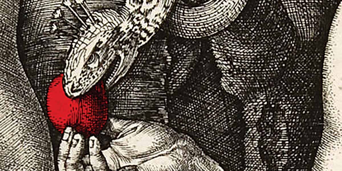 Engraving of hands holding a red apple with a snake coiled around the arms.