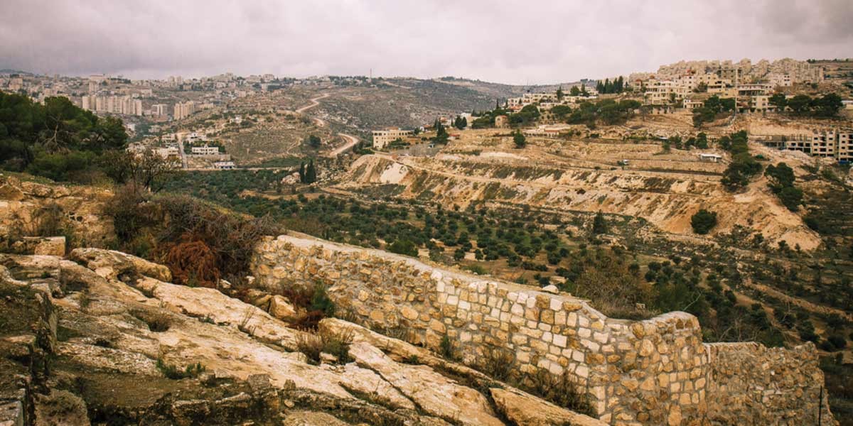 Stone wall in rocky terrain with olive trees and buildings on hills under cloudy sky.