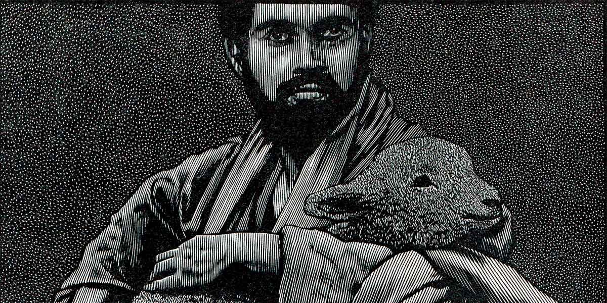 Black and white illustration of a bearded man holding a lamb wrapped in cloth against a textured background.