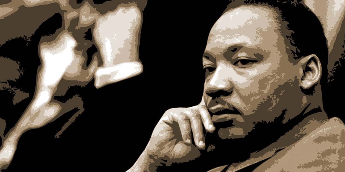 Stylized portrait of Martin Luther King Jr. resting his head on his hand in contemplation.