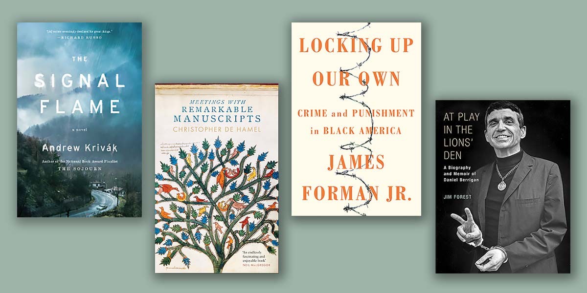 Four book covers: The Signal Flame, Meetings with Remarkable Manuscripts, Locking Up Our Own, and At Play in the Lions’ Den.
