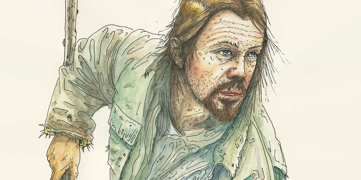 Detailed watercolor painting of a rugged man with red beard wearing a tattered coat, holding a wooden staff.