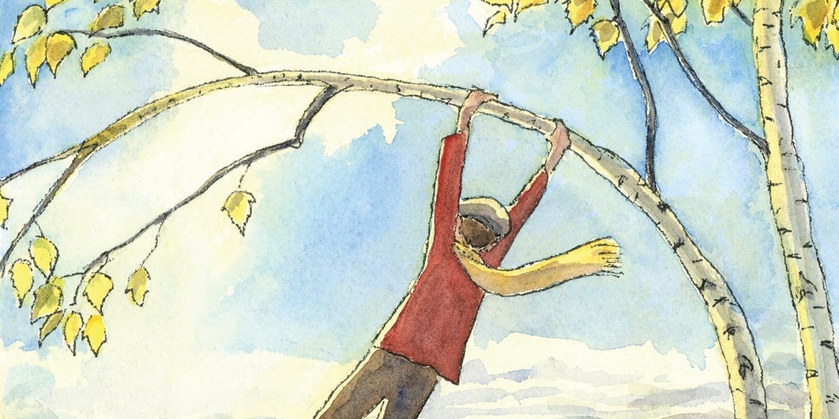Watercolor of person in red sweater and yellow scarf hanging from a curved birch tree branch with yellow leaves.