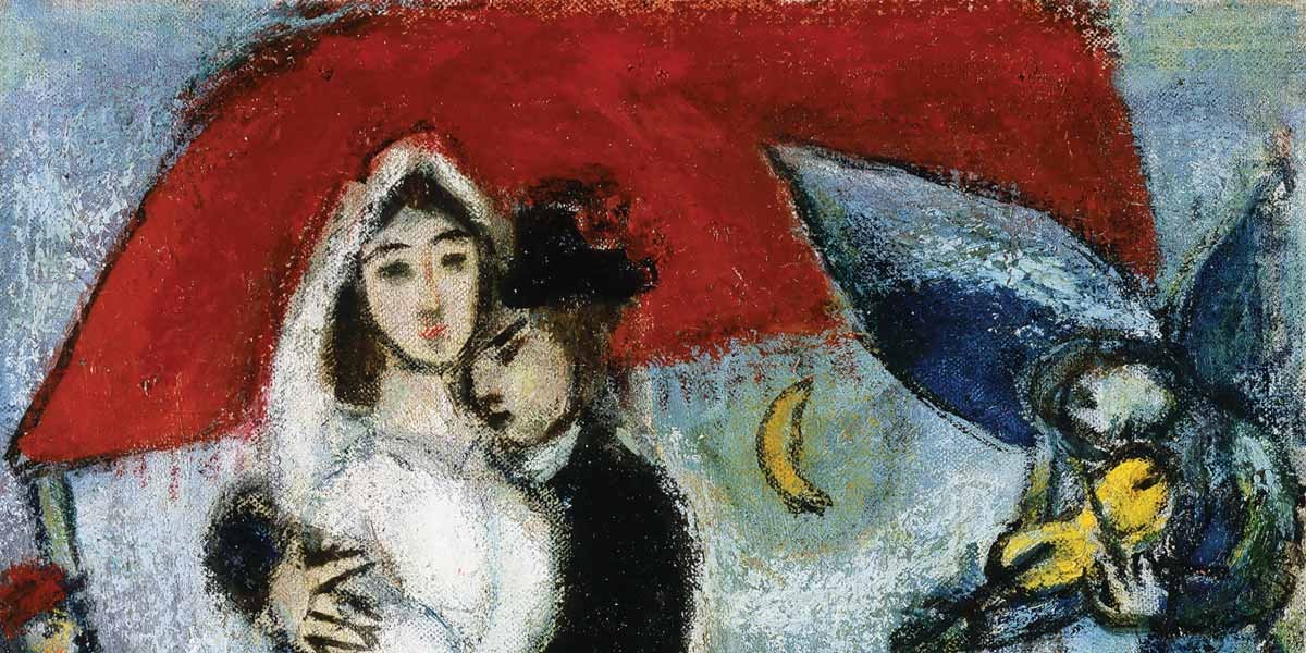 Couple under a large red umbrella with a blue musician playing violin nearby in a colorful, textured painting.