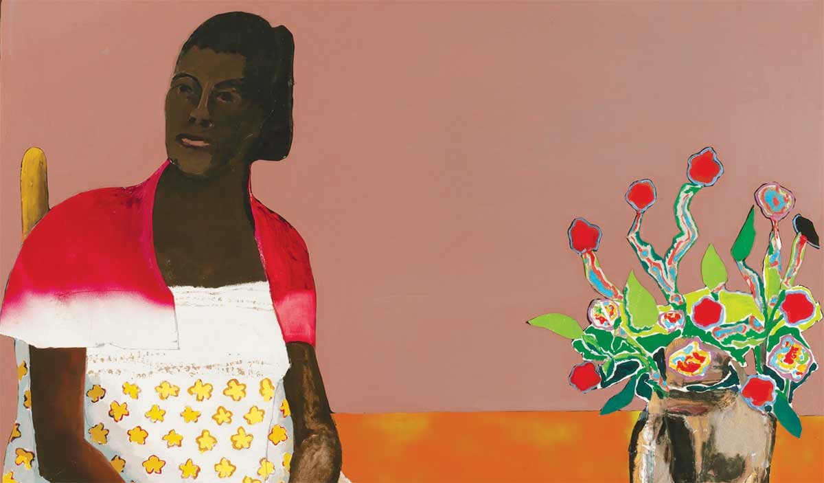 Painting of a dark-skinned woman in a white dress and red shawl sitting next to a vase of colorful flowers.