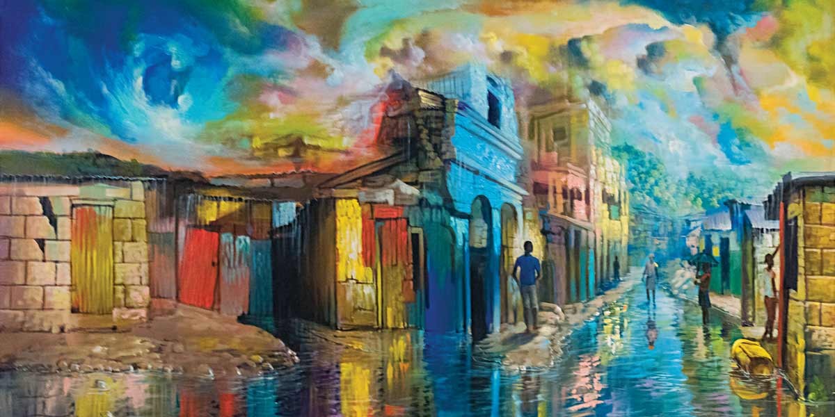 Colorful painting of a flooded street with old buildings and people walking through the water.