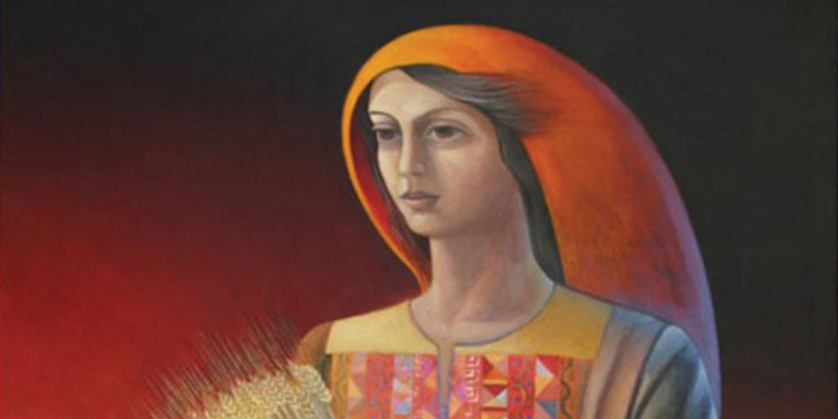 Painting of a woman wearing an orange headscarf holding wheat against a dark background.