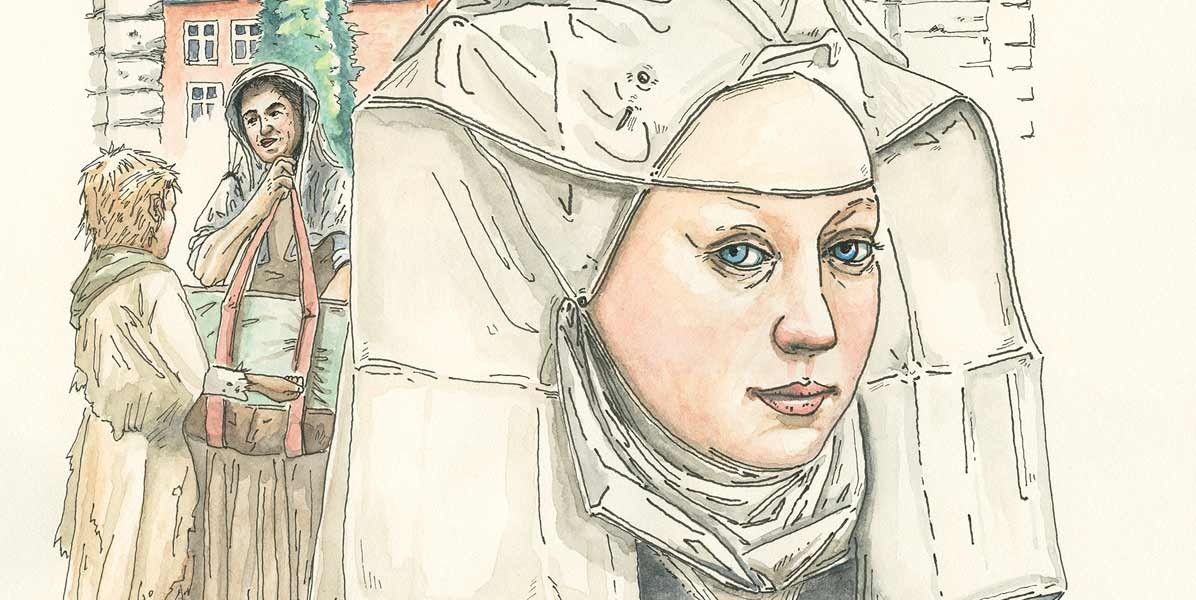 Watercolor portrait of a figure in medieval white headwear with blue eyes, two people in the background.
