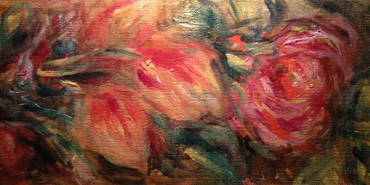 Close-up of a colorful abstract floral painting with swirling reds, greens, and yellows on canvas.