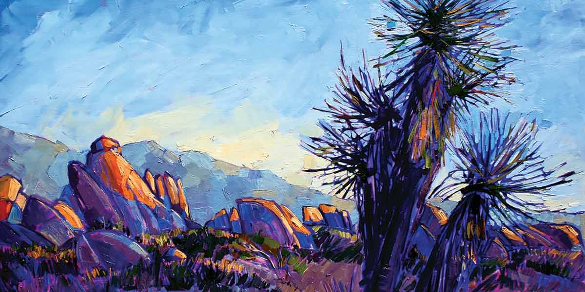Colorful painting of desert landscape with purple rocks, Joshua trees, and a blue sky at sunset.