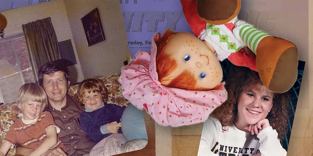 Collage featuring a vintage family photo, a doll with red hair in a pink bonnet, and a smiling woman in a white shirt.