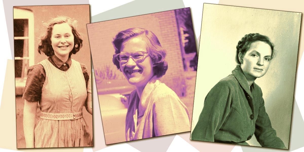 Three vintage portraits of smiling women with different hairstyles and clothing, arranged side by side.